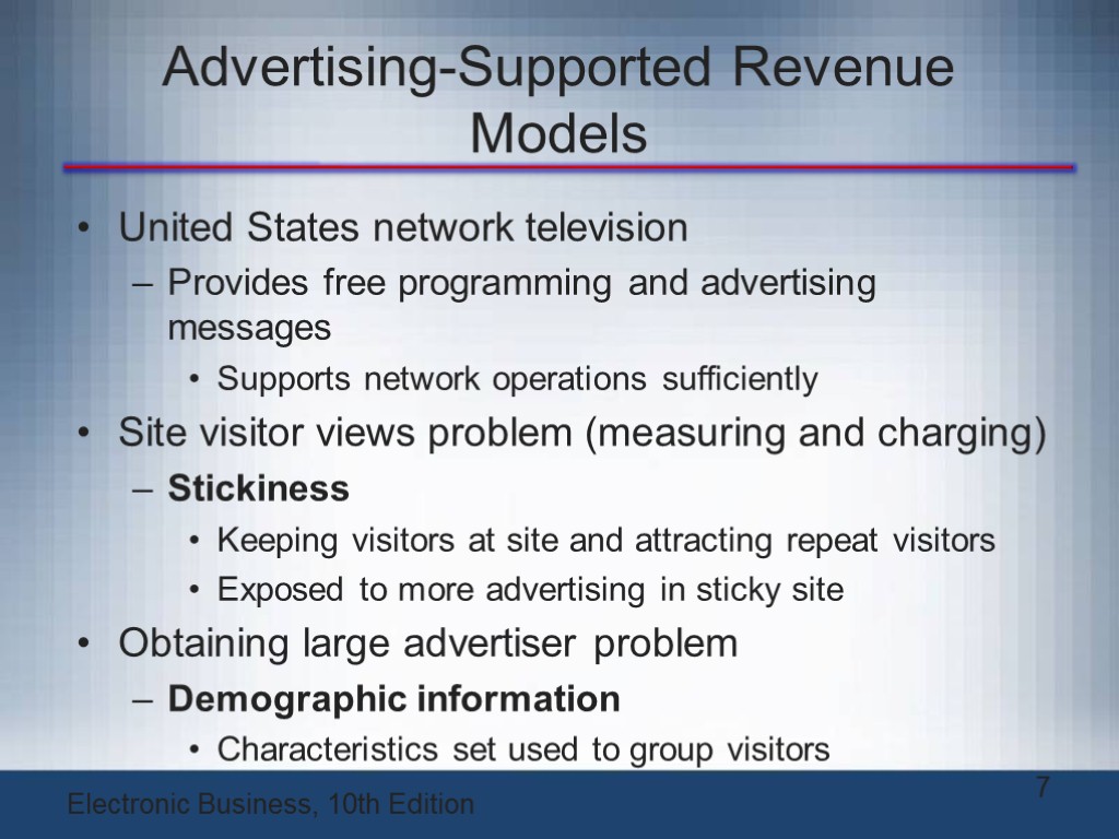 Advertising-Supported Revenue Models United States network television Provides free programming and advertising messages Supports
